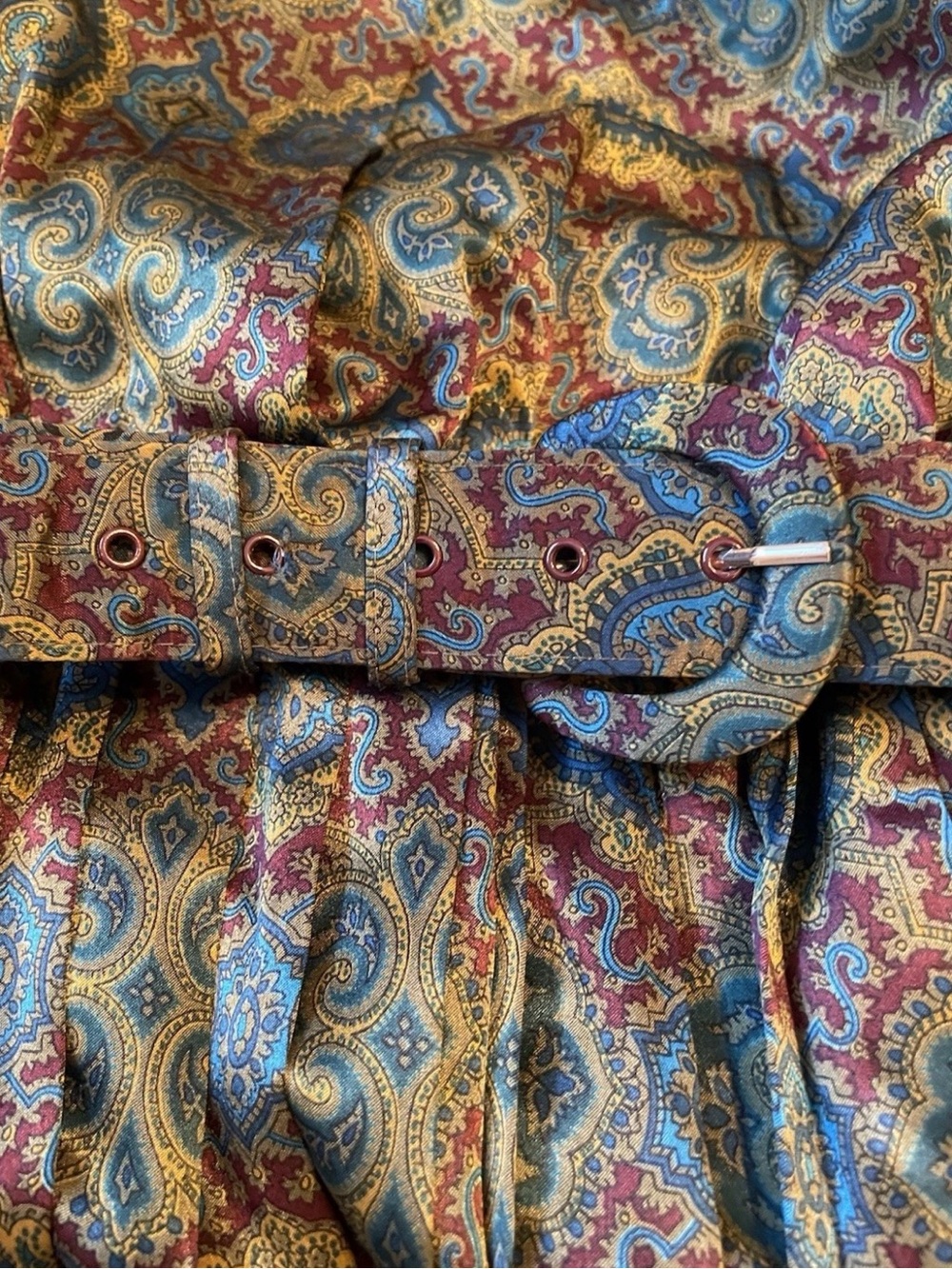Vintage Talbots Paisley Satin Finish Pleated Midi Dress Belted Blue Petite 10 - Picture 8 of 11